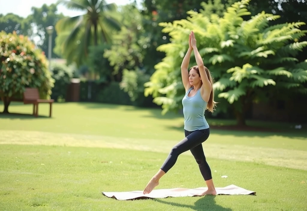 A person practicing yoga outdoors amidst lush greenery, symbolizing natural well-being.
