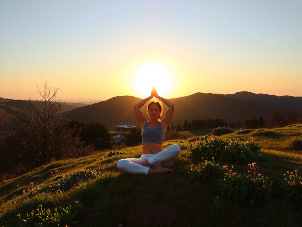 A serene image of a person in a peaceful yoga pose at sunrise, embodying tranquility and connection with nature.