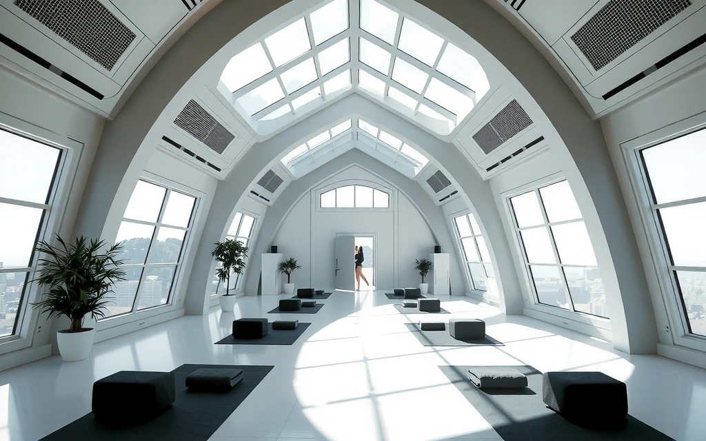 A futuristic, serene yoga studio with natural light and minimalist design, representing future vision.