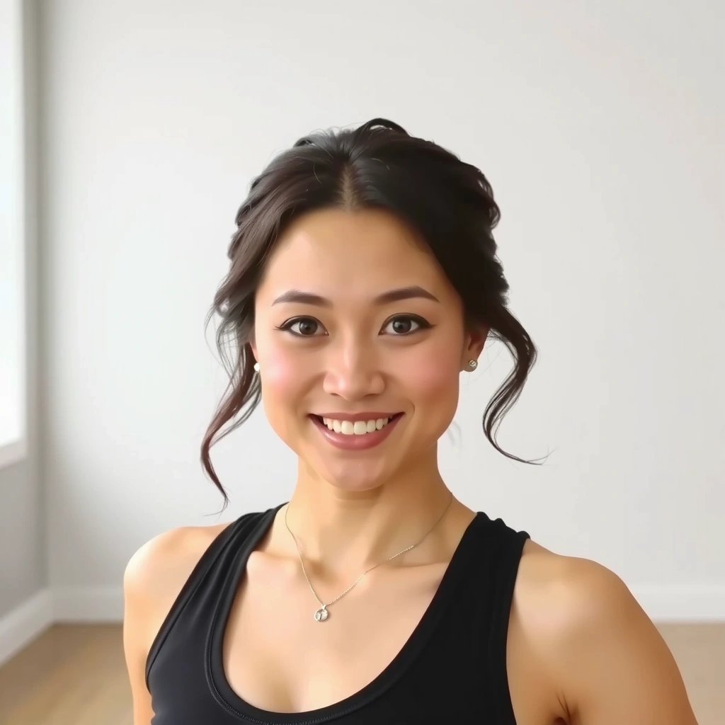 Instructor Sarah Chen in a calm yoga pose, smiling