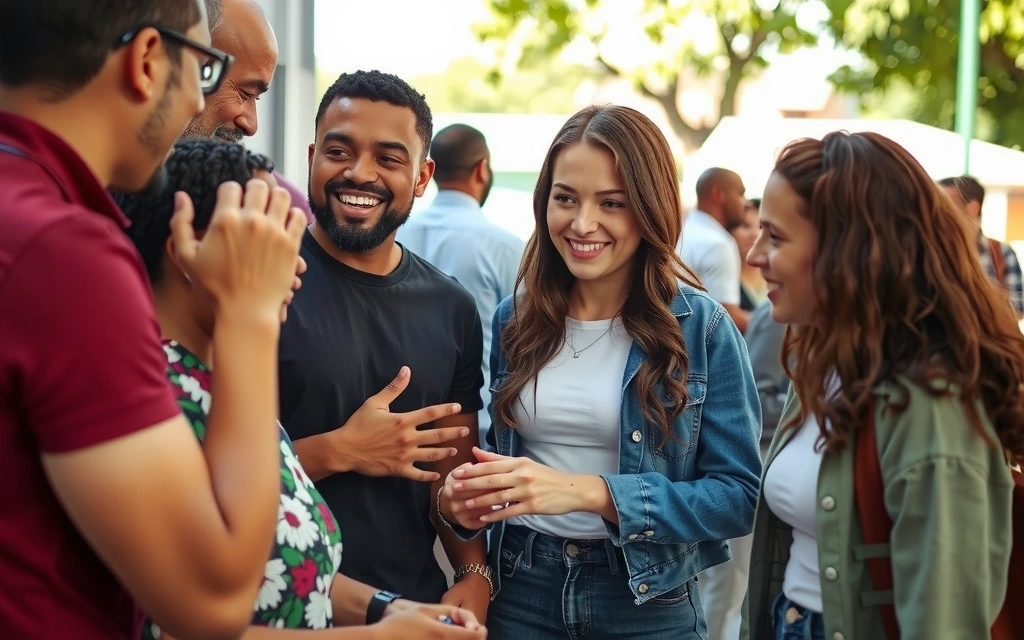 People connecting and sharing in a vibrant, inclusive community setting.