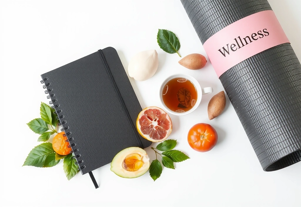 Various wellness elements like healthy food, a journal, and a yoga mat, representing a holistic lifestyle.