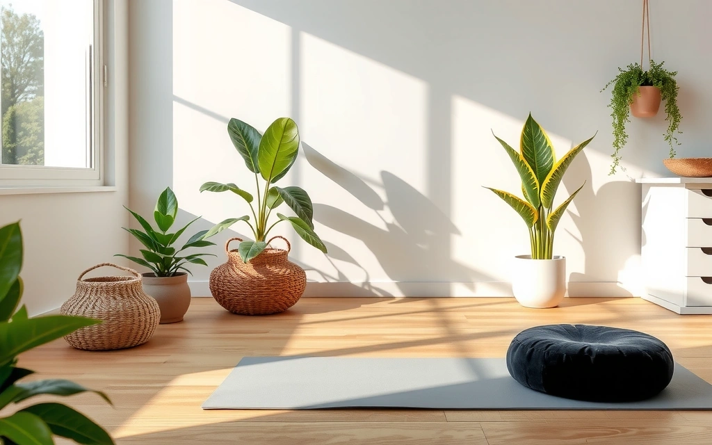A serene home yoga space with mat, cushions, and plants