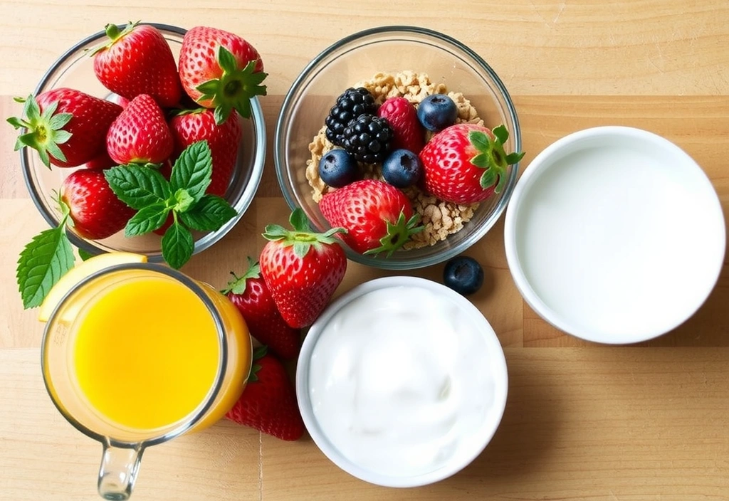 Healthy breakfast spread with fruits and granola