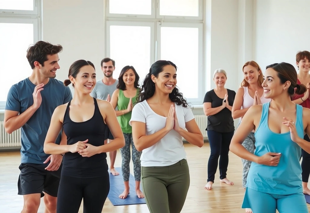 Yoga students practicing together, illustrating community and special offers