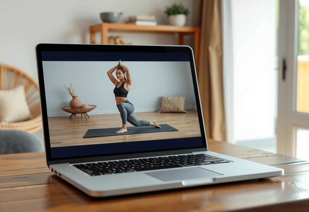 Laptop showing an online yoga class with a woman performing a pose