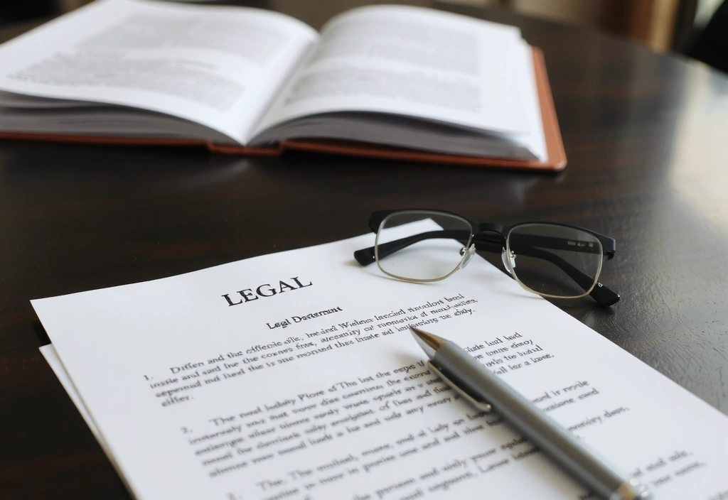 Legal document with a pen and glasses on a wooden table