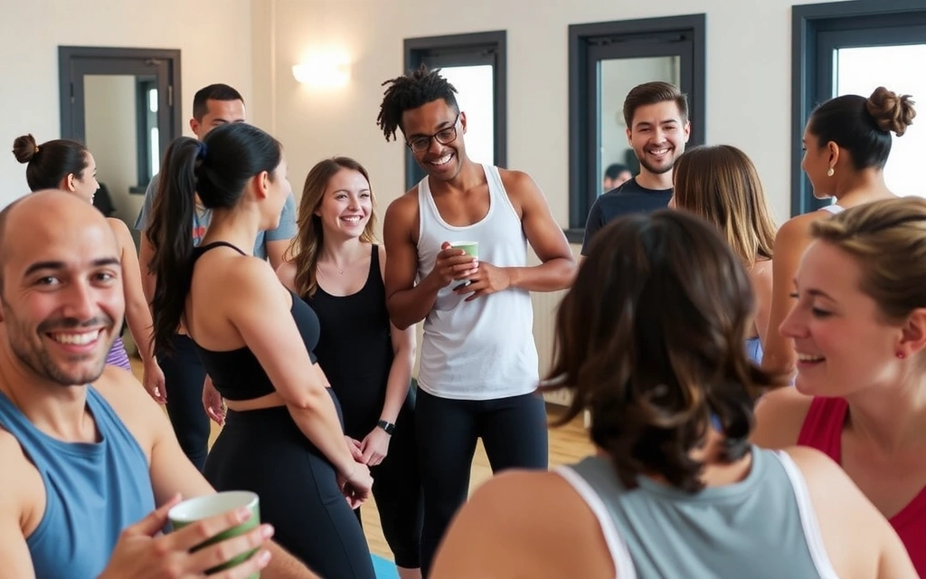A group of diverse people in various yoga poses, smiling and interacting, symbolizing community and shared experience. Bright, positive atmosphere.