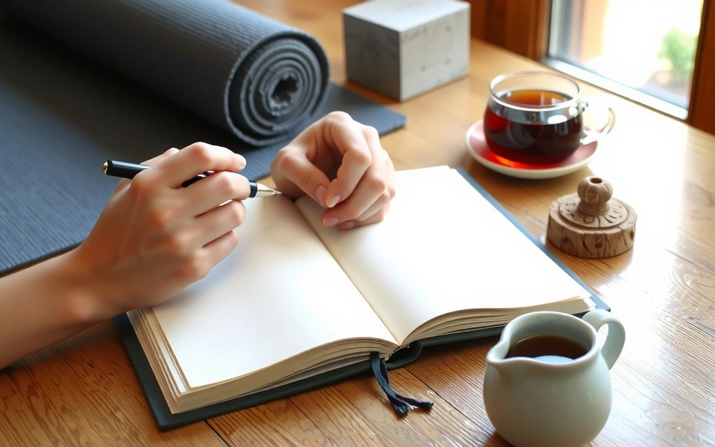 A person writing in a journal with a pen, surrounded by yoga props and a cup of herbal tea, symbolizing reflection and personal growth.