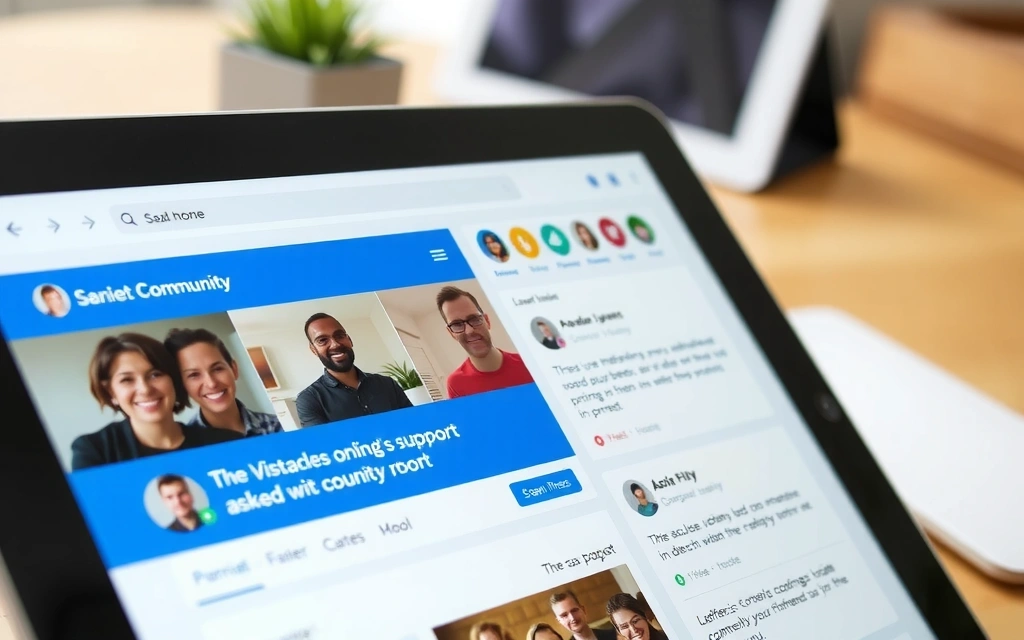 A vibrant online community forum interface on a tablet screen, showing various discussion threads and smiling user avatars, conveying active engagement.